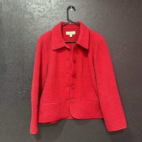 CABELAS Womens Red Cotton Button Collared Sweater Jacket Waffle Pattern Sz L - Picture 1 of 6